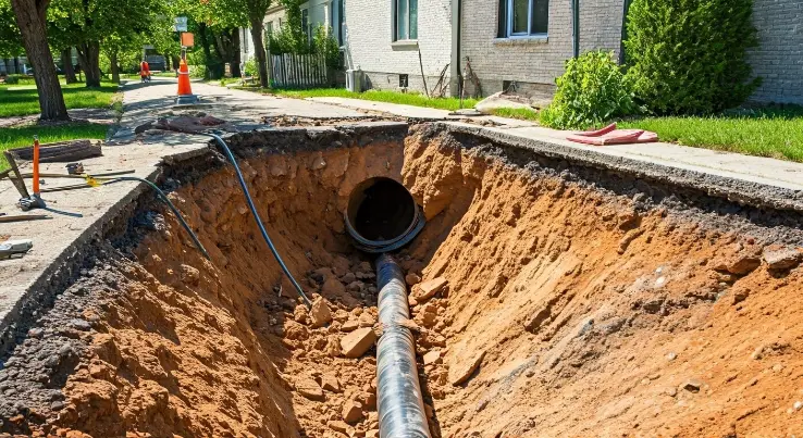 Collapsed sewer line in residential area.
