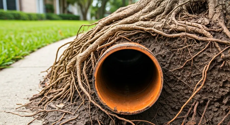 Tree roots damaging a sewer line.